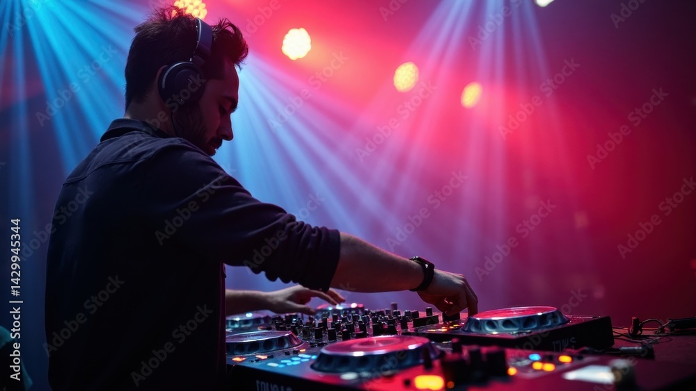 A DJ brings energy to a club setting, skillfully mixing tracks while surrounded by colorful light patterns. The atmosphere is electric as music fills the air.
