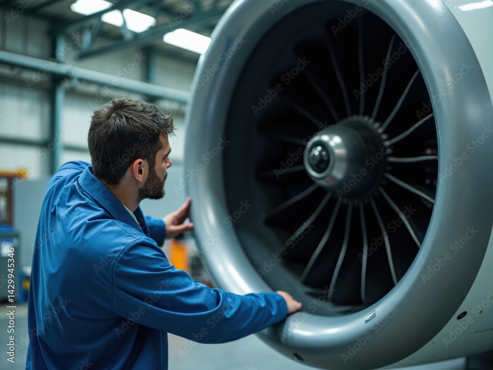 A worker examines the intricate details of a jet engine in a well-lit aerospace facility, showcasing dedication and expertise in aerospace technology.