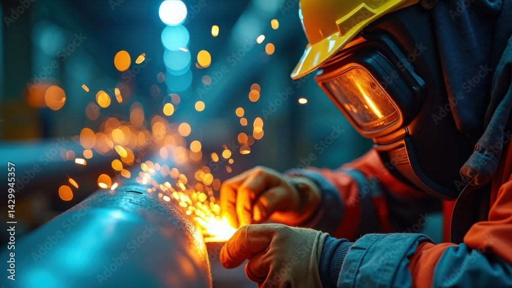 A worker is intensely welding a pipeline at an oil refinery, surrounded by sparks and bright light. The protective mask emphasizes their concentration on the task.