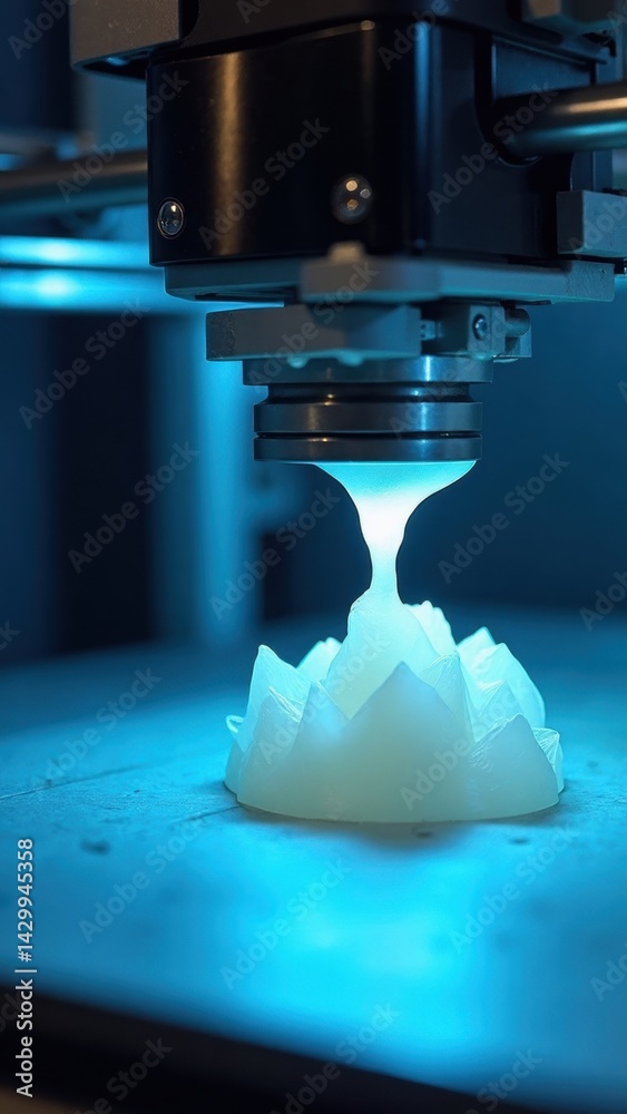 A 3D printer layers molten plastic to form a detailed piece, illuminated by soft blue lighting, emphasizing the intricate design and craftsmanship in action.