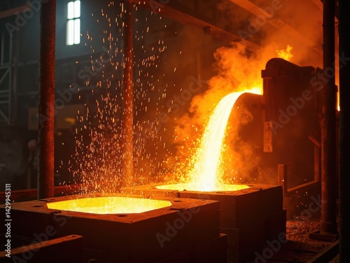 Obraz na płótnie Glowing molten metal flows into molds at a bustling steel mill, with steam rising and heat distortion visible, creating a dramatic industrial atmosphere. w salonie