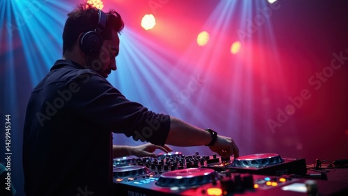 Obraz na płótnie A DJ brings energy to a club setting, skillfully mixing tracks while surrounded by colorful light patterns. The atmosphere is electric as music fills the air. w salonie