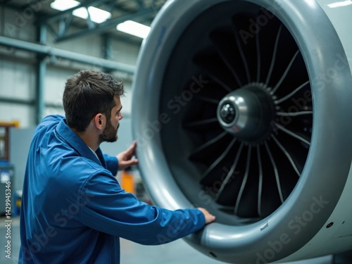 Obraz na płótnie A worker examines the intricate details of a jet engine in a well-lit aerospace facility, showcasing dedication and expertise in aerospace technology. w salonie
