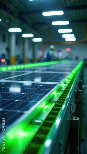 Obraz na płótnie Solar panels are meticulously assembled on a conveyor belt in a modern clean energy factory. w salonie