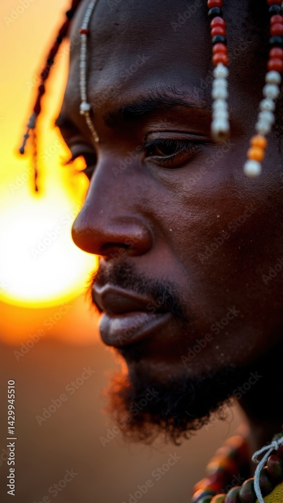 A Maasai warrior gazes into the distance as the golden sun sets over the savanna. His face adorned with traditional beadwork captures the essence of his culture at dusk.
