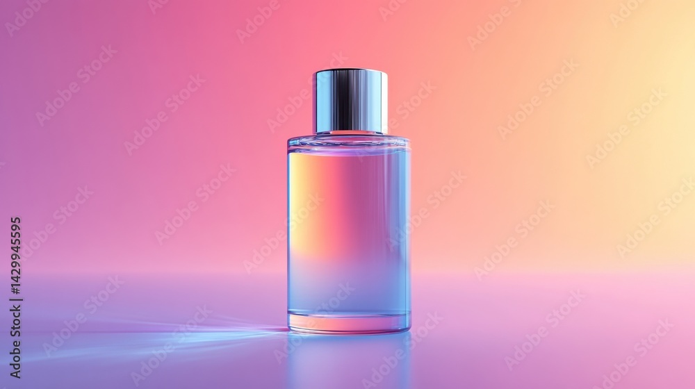 A modern deodorant bottle mockup with a simple, clean design, featuring a silver cap and clear body, placed against a soft gradient background A modern deodorant bottle mockup with a simple, clean design, featuring a silver cap and clear body, placed against a soft gradient background
