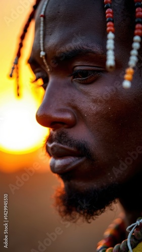 Obraz na płótnie A Maasai warrior gazes into the distance as the golden sun sets over the savanna. His face adorned with traditional beadwork captures the essence of his culture at dusk. w salonie