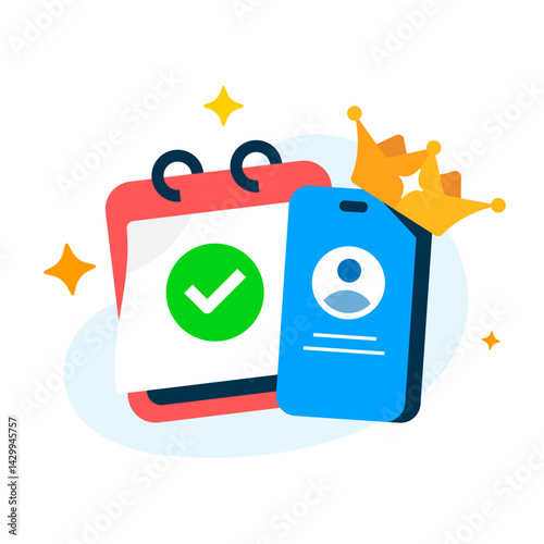 illustration of calendar and smartphone with crown. one month free trial or premium subscription access. for mobile app promotion, SaaS marketing, or digital service advertisement. Concept flat design