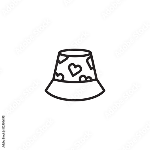 A bucket hat icon with a playful heart pattern on the crown.