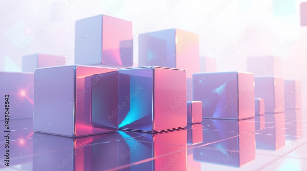 Pastel-hued metallic cubes reflecting on a glossy surface in a soft, ethereal light Pastel-hued metallic cubes reflecting on a glossy surface in a soft, ethereal light