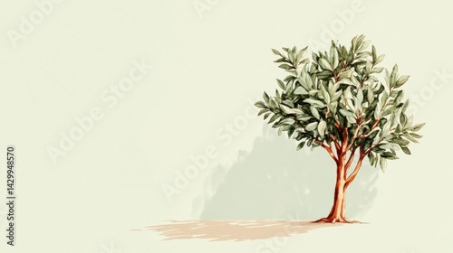 Lush Green Olive Tree with Soft Shadows on Light Background