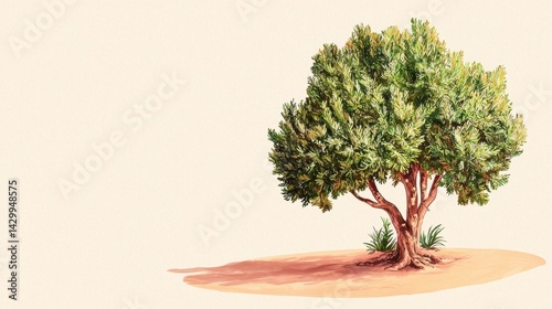 Lush Green Tree with Branches and Leaves Against Soft Beige Background