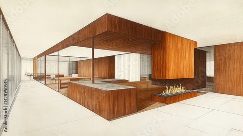 Mid-century modern home interior design sketch.