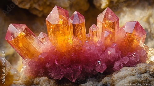 vibrant orange and pink crystals in a mineral cluster for geological and gemological use photo