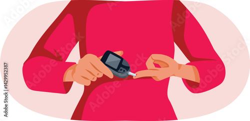 Person Measuring Blood Sugar with Glucometer Vector Illustration. Patient monitoring her  hyperglycemia with a medical tool
