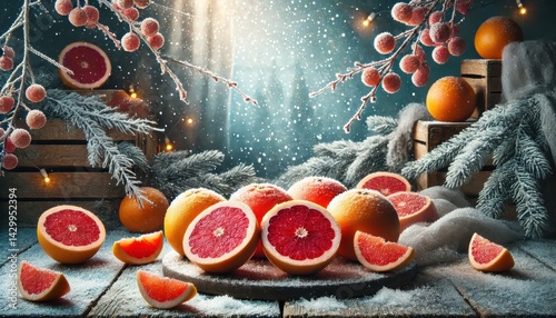 Grapefruit on snowy wooden table with fir branches and crates in winter interior. photo