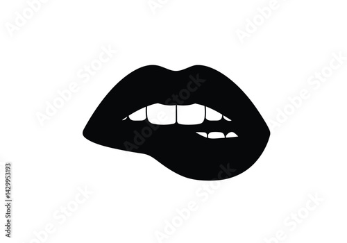 Biting lip silhouette. This image shows a black silhouette of lips biting with teeth visible, also known as biting lip outline, symbolizing expression and emotion. Vector clipart illustration design.