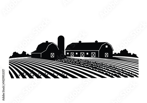 Farm field silhouette. This image shows barns, a silo, and rows of crops in a rural landscape, symbolizing agriculture and farming. Vector clipart illustration design.