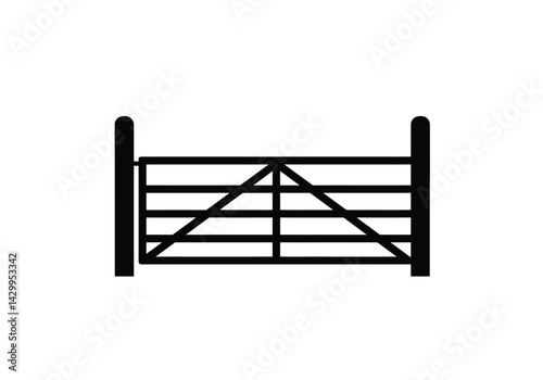 Farm gate silhouette. This image shows a black silhouette of a farm gate with wooden posts and horizontal rails, symbolizing rural entrance and boundary. Vector clipart illustration design.