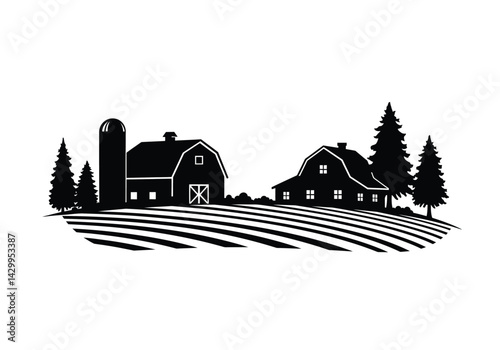 Farm silhouette. This image shows a farm scene with a barn, house, trees, and fields in black silhouette style, symbolizing rural agriculture. Vector clipart illustration design.