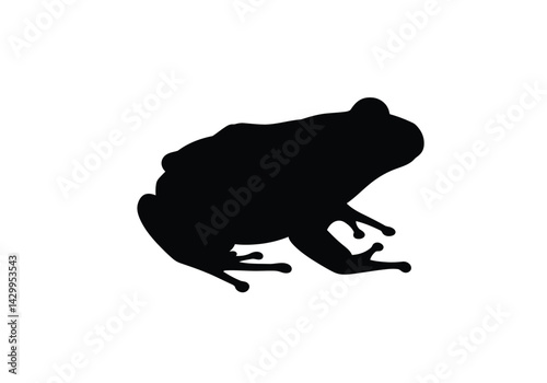 Frog silhouette. This image shows a black silhouette of a frog in a side profile view, depicted in a simple and minimalistic style with clear outlines. Vector clipart illustration design.