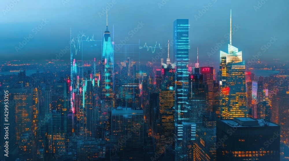 Naklejka premium New York City skyline at night overlaid with financial data visualizations.
