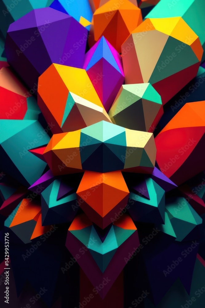 Obraz premium Vibrant, geometric shapes in low-poly style, forming a complex, colorful cluster
