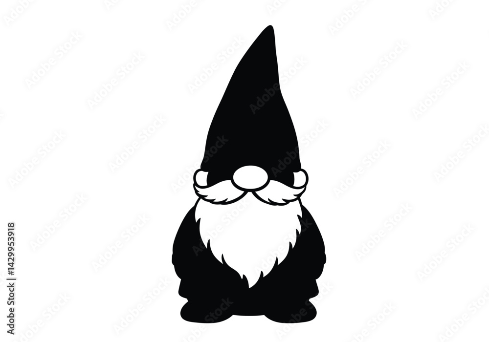 Fototapeta premium Garden gnome silhouette. This image shows a whimsical garden gnome with a tall pointy hat and a long beard, often used as a decorative lawn ornament. Vector clipart illustration design.