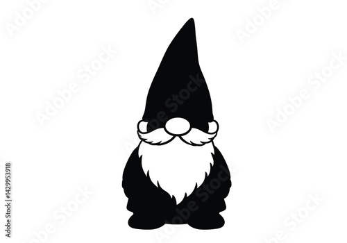 Garden gnome silhouette. This image shows a whimsical garden gnome with a tall pointy hat and a long beard, often used as a decorative lawn ornament. Vector clipart illustration design.