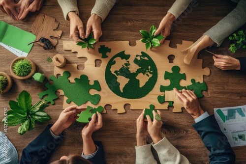 Collaborative environmental effort. Team members actively assemble a puzzle depicting the Earth, surrounded by greenery and office supplies.  Focus on sustainability and collective action
