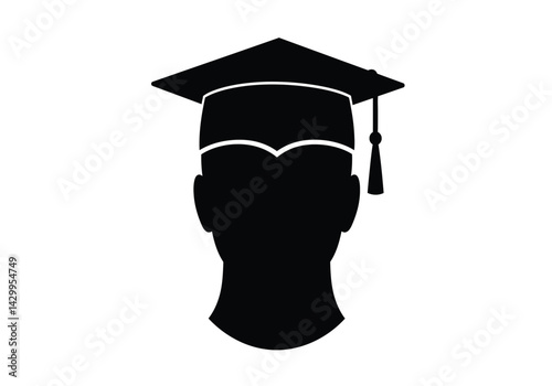 Graduation head silhouette. This image shows a black silhouette of a person's head wearing a graduation cap, also known as a mortarboard, with a tassel. Vector clipart illustration design.