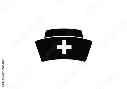 Nurse hat silhouette. This image shows a black silhouette of a nurse hat, featuring a white cross, representing healthcare and medical professions. Vector clipart illustration design.