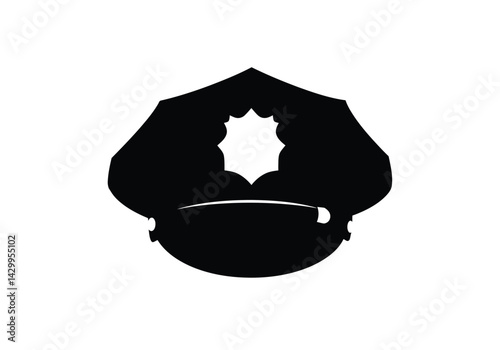 Police hat silhouette. This image shows a black silhouette of a police hat, also known as a uniform headwear, symbolizing authority and law enforcement. Vector clipart illustration design.