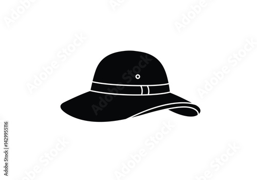 Safari hat silhouette. This image shows a black silhouette of a safari hat, also known as a sunhat or bucket hat, used for outdoor adventures and protection. Vector clipart illustration design.