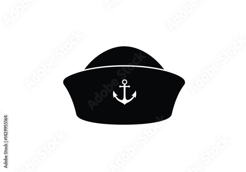 Sailor hat silhouette. This image shows a black silhouette of a sailor hat, also known as a nautical or marine hat, featuring a clean and simple design. Vector clipart illustration design.