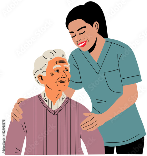 Caregiver assisting elderly man. Woman supporting senior.