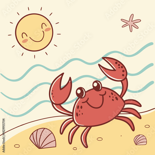 Minimal Beach Scene with Cute Crab
