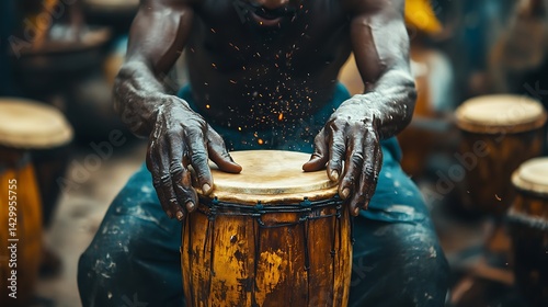 Wallpaper Mural African man playing drums, sparks fly, market background, potential stock photo Torontodigital.ca