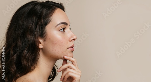 Young woman with problematic skin showing acne and blemishes in profile view on beige background with loose hair. Natural beauty portrait. Skincare, dermatology concept. Acne treatment and
