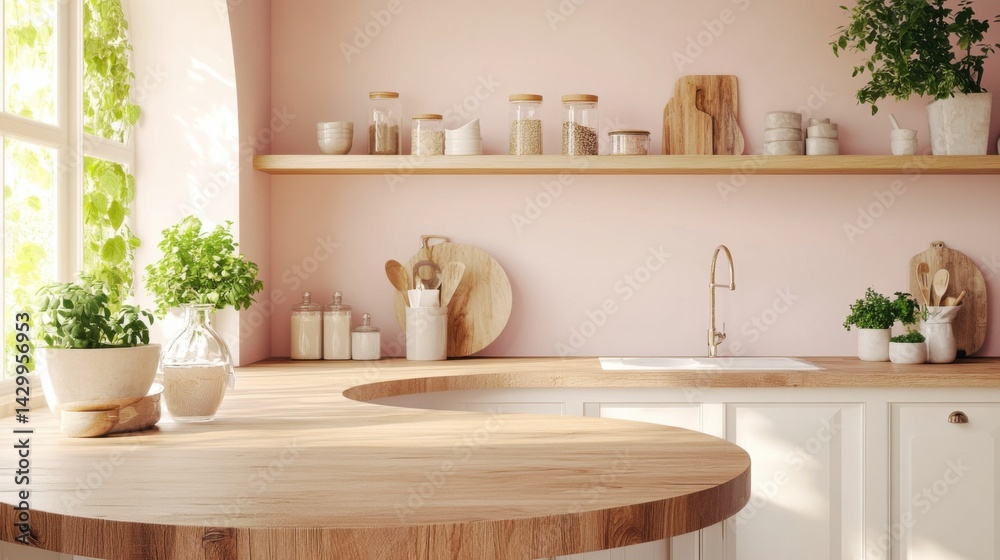 custom made wallpaper toronto digitalA fresh and airy kitchen showcasing a circular wood counter with natural grain, surrounded by soft pastel decor