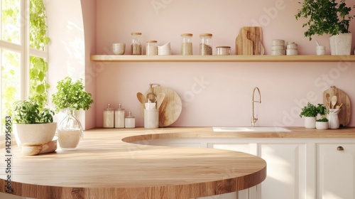 Wallpaper Mural A fresh and airy kitchen showcasing a circular wood counter with natural grain, surrounded by soft pastel decor Torontodigital.ca