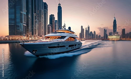 A luxury yacht cruises smoothly through city's waterway with towering buildings at sunset glow