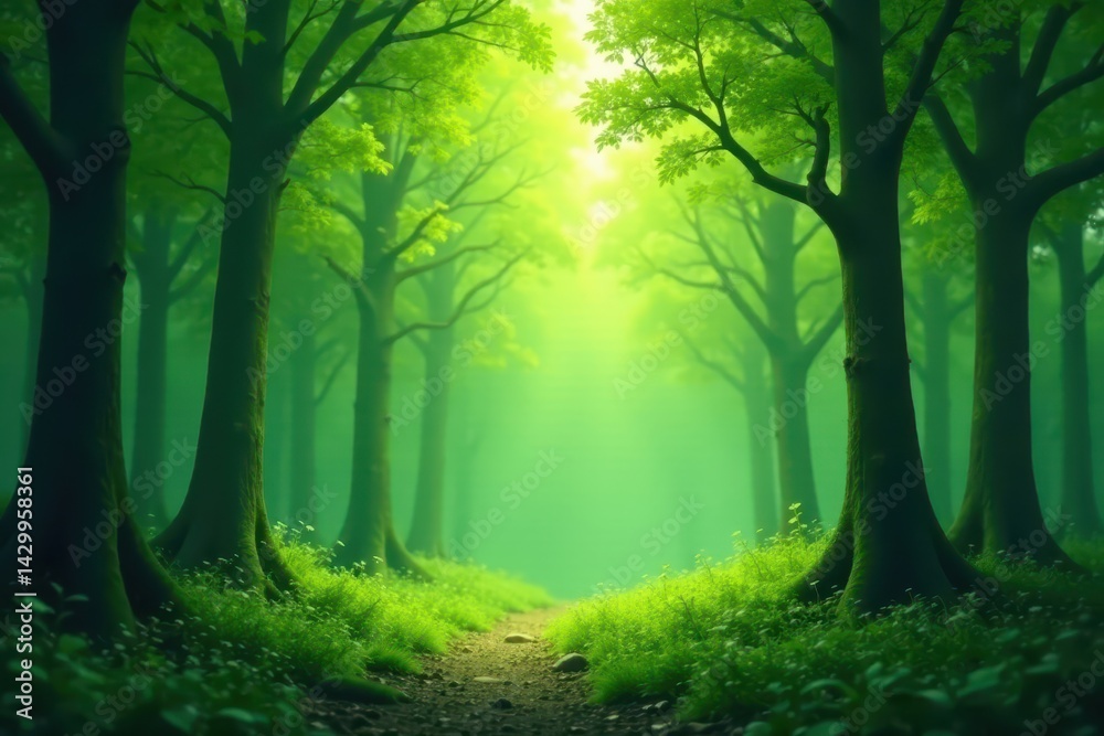 Obraz premium Abstract green forest, diffused light, hazy atmosphere, vegetation, vibrant