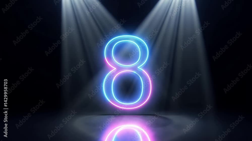 Glowing neon digit 8 revealed in a panning video under spotlight with pulsing rhythmic lights