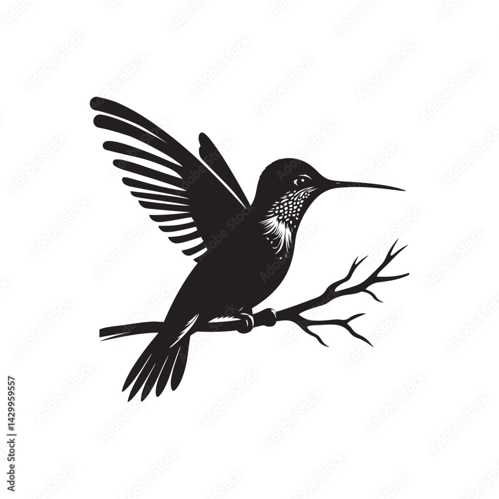 Fototapeta premium Hummingbird silhouette vector art illustration perched on a branch, showcasing elegance and nature. A captivating silhouette of a hummingbird in flight, poised on a branch adorned with leaves.