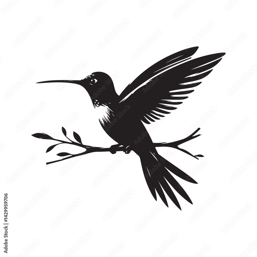 Obraz premium Hummingbird silhouette vector art illustration perched on a branch, showcasing elegance and nature. A captivating silhouette of a hummingbird in flight, poised on a branch adorned with leaves.