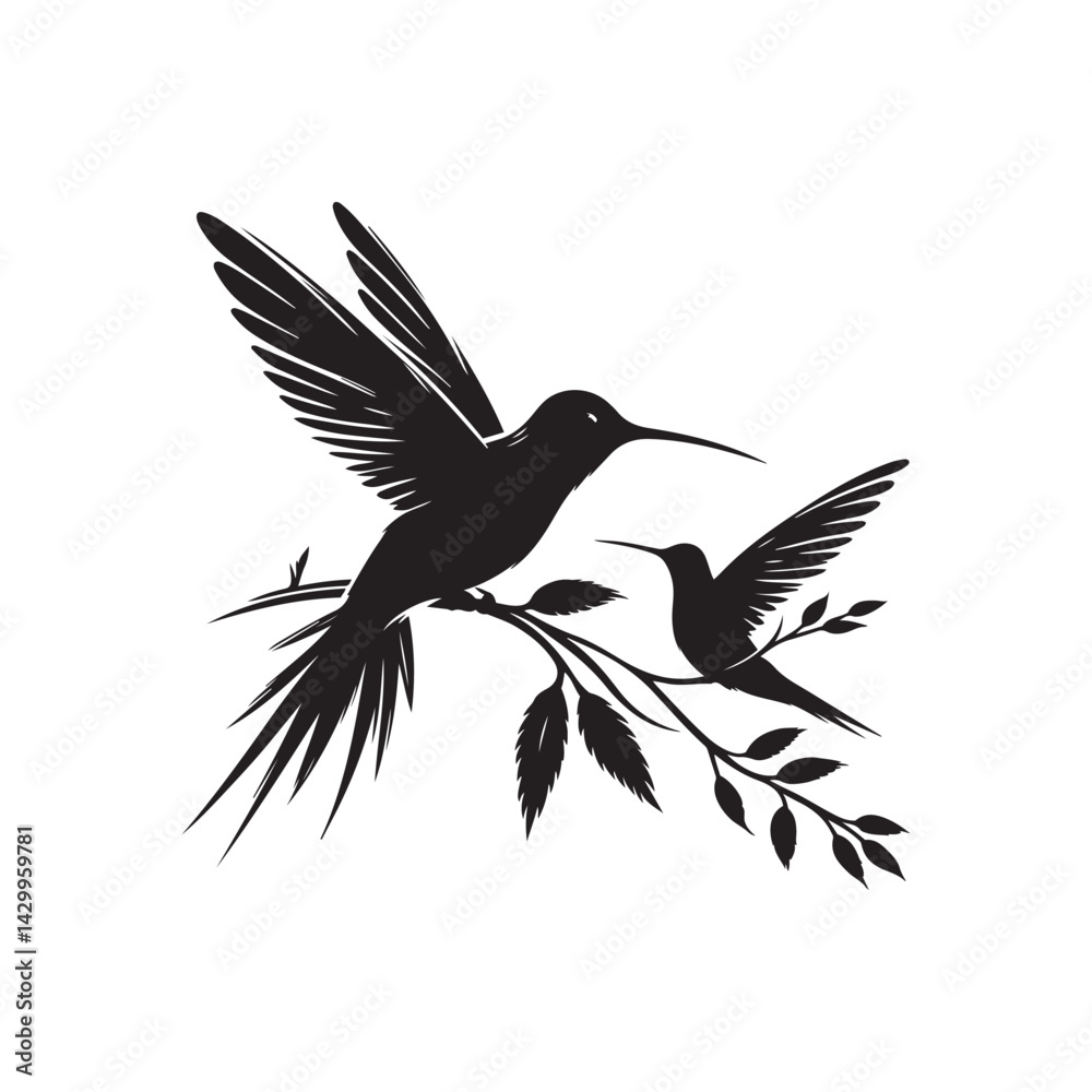 Obraz premium Hummingbird silhouette vector art illustration perched on a branch, showcasing elegance and nature. A captivating silhouette of a hummingbird in flight, poised on a branch adorned with leaves.