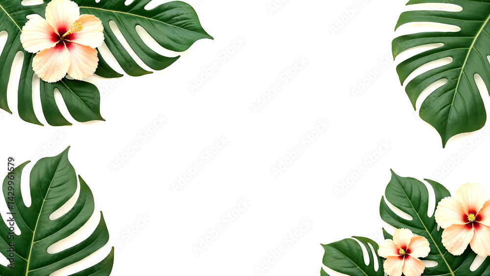 Naklejka premium Minimalist background with green tropical leaves and soft peach hibiscus flowers arranged on white, perfect for summer branding or spa promotions