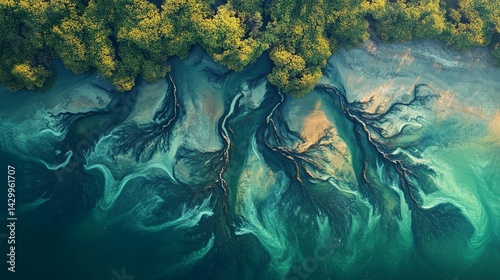 Abstract mangrove aerial photography teal green water nature ecology