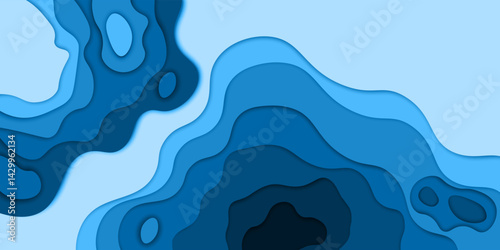 Paper cut topography relief imitation, blue colors multi layers banner. Abstract water flowing liquid texture art design, origami paper cut layer smooth shape vector illustration